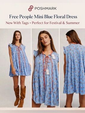 🧢 BE FESTIVAL READY - NWT - Free People Blue Floral Mini Dress with Pink Trim